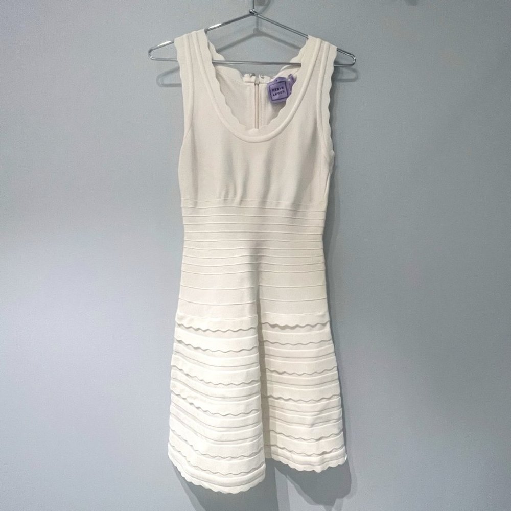 Herve Leger A-Line Scalloped Detail White Dress